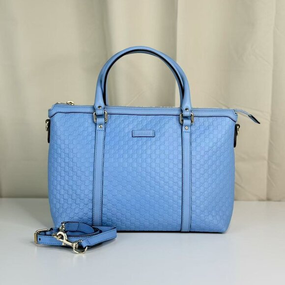 Gucci GG Logo Printed Blue Leather Shoulder Bag with Detachable Strap - Picture 1 of 10